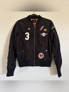 Timing Woman’s Black Bomber Jacket with Orange Lining